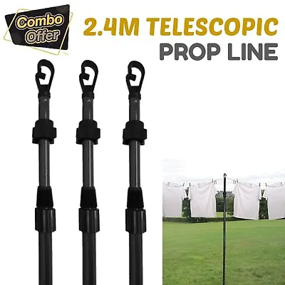 3 X Telescopic Line Prop Heavy Duty Extendable Support Pole Washing Clothes 2.4M • £13.99