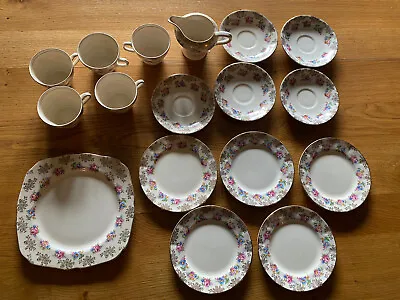H & K Tunstall Gilded Square Plate Cups Saucers Plates Milk Jug Floral Rose • £24.99