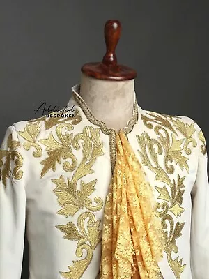 Men's Customized Ivory Cotton Gold Embroidered Wedding Cocktail Outfits For Men • $699.99