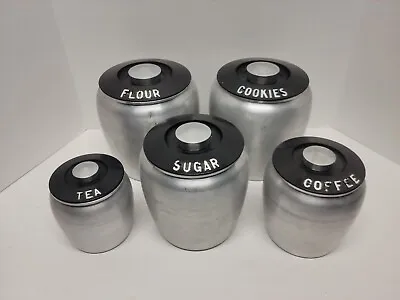$19.95 • Buy Kromex Spun Aluminum 5 Piece Canister Set Flour Cookies Sugar Coffee Tea 