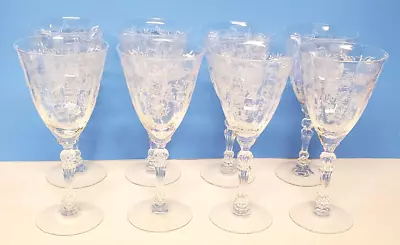 8 Chintz By Fostoria Water Goblets Etched Crystal Handblown Glass Vintage • $120