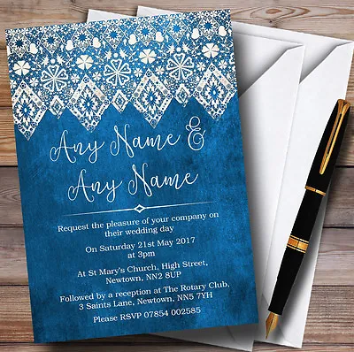 Vintage Blue Old Paper & Vintage Lace Effect Personalised Wedding Invitations • £9.99