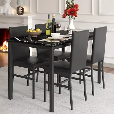 5 Piece Dining Table Set Modern Faux Marble Tabletop And 4 PU Leather Chair Set • $275