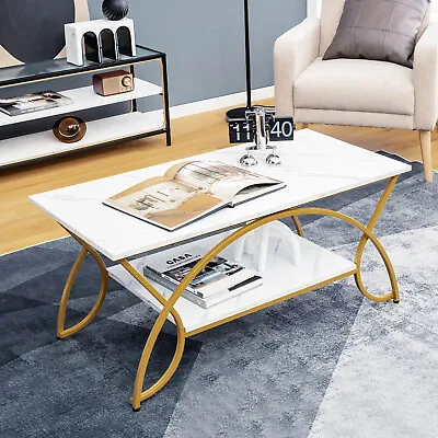 Giantex Coffee Table 2-Tier Side Table W/ Faux Mable Top Steel Legs Modern 100CM • $99.95