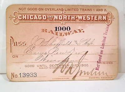 $30 • Buy Vintage 1900 Chicago North Western Railroad Wisconsin Division Engineer Pass 