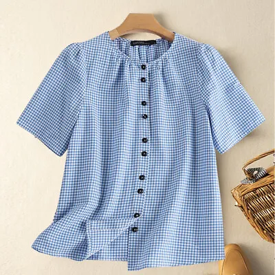 Women Check Plaid Short Sleeve Tops T-shirt Office Ladies Shirt Button Up  • £11.96