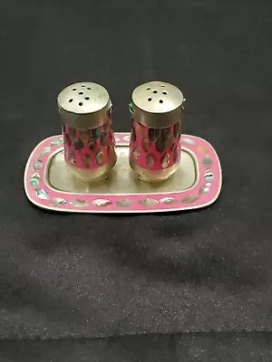 Abalone Mother Of Pearl Shell Salt Pepper Shakers Set With Tray Vintage • $9.99