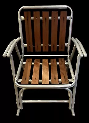 Vtg Red Wood Slat Aluminum Lawn Chair Folding Rocker Folding Rocking Outdoor MCM • $79.99