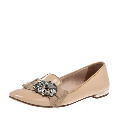 Miu Miu Nude Patent Leather Crystals Bow Ballet Flats Size 37 • $151.20