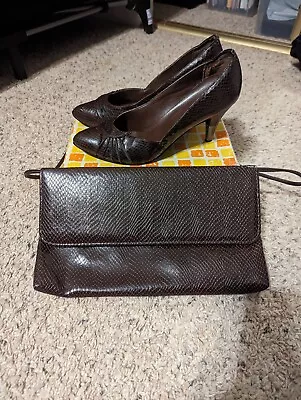 Women's Vintage Brown Faux Snakeskin Heels Size 6.5 W/ Matching Handbag • $10