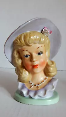 Lady Head Vase Young Woman Purple Hat&Ruffled Blouse~Golden Hair~Vintage Ucagco • $25