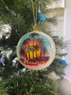 Hawaiian Hand Painted Hawaii Rainbow Palm Trees Sunset Glass Christmas Ornament • $21.79