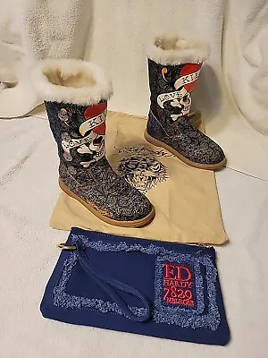 Ed Hardy Boots Womens Sz 6 Blue Faux Sherling Lined Tattoo Graphic With Bag   • $45