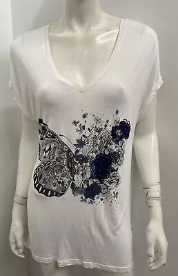 DESIGUAL [sz XL ] White Jersey Embroidered Sequin Butterfly Tee • $33