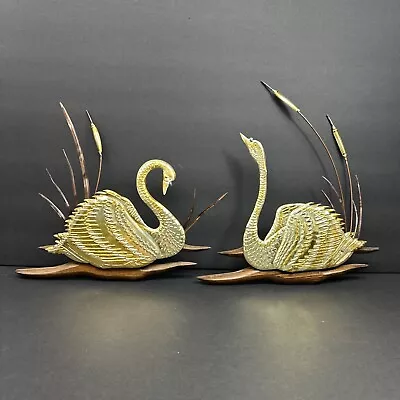 Vtg Brass Swan Duck Wall Hangings Cattail Wood Metal Mid Century Modern MCM • $25