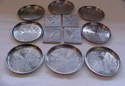 VTG 8 ALUMINUM COASTERS & 4 MATCH BOOK SAFE COVERS Flying  Ducks Geese Cattails • $19.95