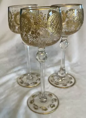 Moser? Theresienthal?  Lot Of Three Gold Floral Wine Glass Goblet 8” (3) • $75