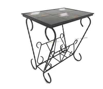 Vintage Mid Century Modern Magazine Newspaper Basket Rack Side Table Ceramic Til • $218