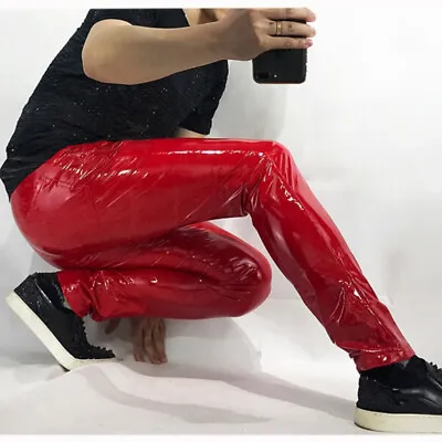 Men Faux Leather Pants Metallic Shiny Wet Look Skinny Leggings Trousers Red • £42.29