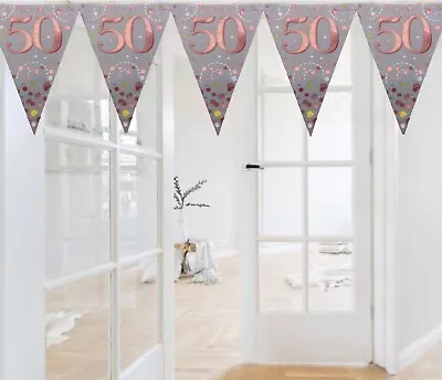 Age 50 White Rose Gold Bunting Flags Banner. 50th Birthday Party Decorations • £4.29