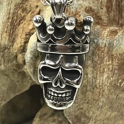 Mens Punk Gothic Silver Crown Skull Pendant Necklace Rock Jewelry Chain 24  Gift • $9.99