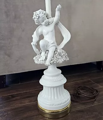 Vintage Porcelain Cherub Lamp Brass Bottom Tested 17  Base And 30  Total Height  • $116.06