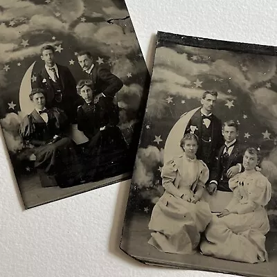 Antique Tintype Photograph Handsome Young Men & Women Paper Moon Stars Clouds • $824.95
