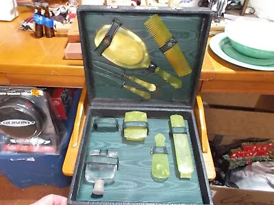 Vintage 10 Pc Celluloid Bakelite Green Pearl Art Deco Dresser Vanity Set W Case • $20