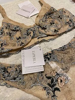 La Perla Altea Collection 38C L Full Coverage Lace Bra Thong Set Sand Nude • $239.99