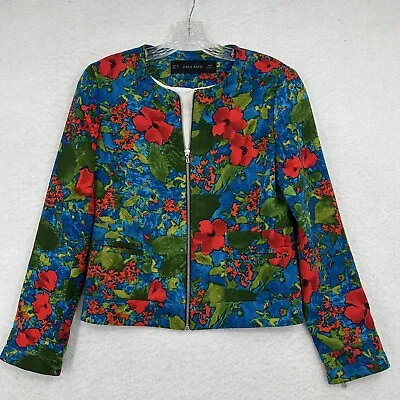 Zara Basic Jacket Womens Extra Small Blue Red Blazer Floral Full Zip Colorful • $19.50