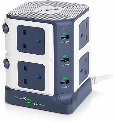 BESTEK 8 Way Surge Protected Tower Extension Lead Socket Plug With 6-Port (5V... • £35.99