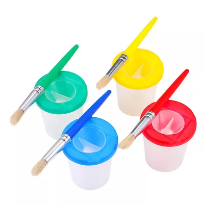  Child Toddler Suit Spill Proof Paint Cups With Lids Round Brush And • £11.28