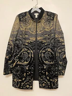 Chicos Size 1 Brocade Jacket Black Gold Jacquard Open Front Mandarin Collar • $29.99