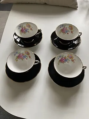 Vintage Collingwoods Bone China 4 X Black + Gold + Floral Inner Design • £24