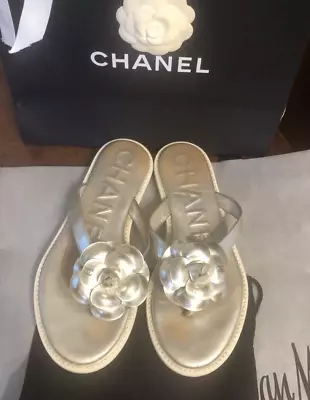 Authentic Chanel Camellia With Cc Logo/ Thong Sandals   Size 39 • £280.18