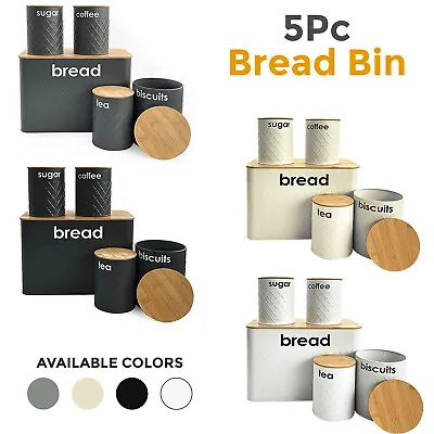 5Pcs Kitchen Storage Tins Canister Set Bamboo Lid Tea Coffee Sugar Bread Bin Jar • £21.85