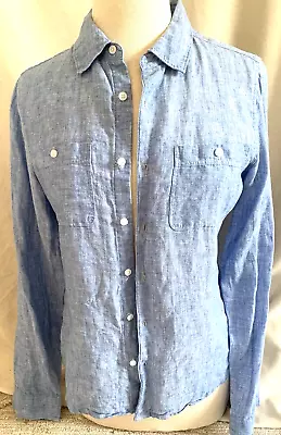 Island Company Womans Blue Classic 100% Linen Button Long Sleeve Shirt Medium • $35