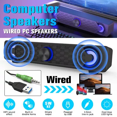 USB Wired Surround Speakers Sound Bar System Subwoofer TV Home Speaker PC Laptop • £14.99
