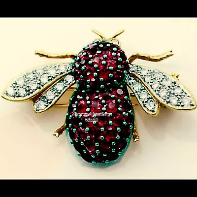 Stunning 1.08ctw Rose Cut Diamond Ruby Studded Silver Vintage Bee Brooch Jewelry • $538.90