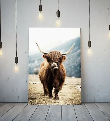 £34.99 • Buy Highland Cow - Deep Framed Canvas Wall Art Picture Print- Brown Animal