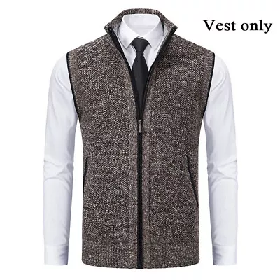 Men Knitted Vest Sleeveless Sweater Cardigan Waistcoat Coat Stand Collar Pocket • $23.79