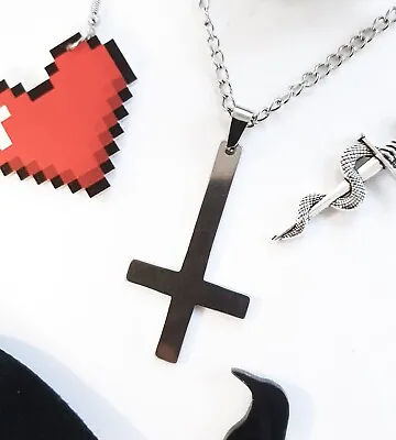 Inverted Cross Silver Necklace Emo Goth Punk Halloween Pendant Chain • £4.99