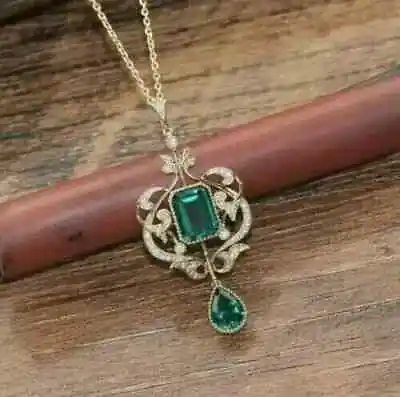 Pear Cut Lab Created Green Emerald Vintage Chain Pendant 14K Yellow Gold Plated • $134.30