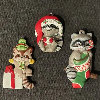 3-Vintage Hand Painted Ceramic Christmas Ornaments Raccoons • $9