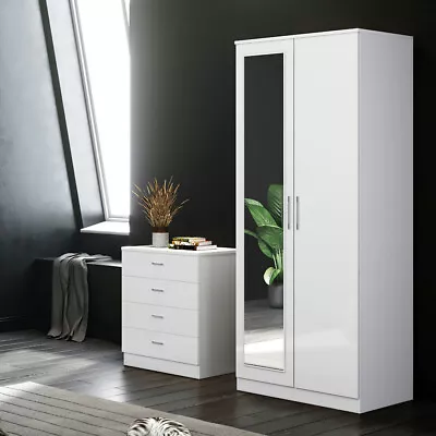 2 Doors High Gloss Mirror Wardrobe White Bedroom Furniture Storage Hanging Rail • £138.98