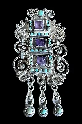 Matilde Poulat MATL Taxco Mexico Sterling Silver Turquoise Amethyst Brooch Pin • $795