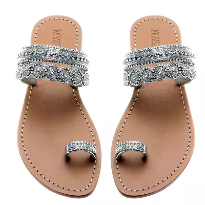 MYSTIQUE Marrakesh Size 8 Rhinestone Crystal Silver Leather Sandals Slides NEW • $155