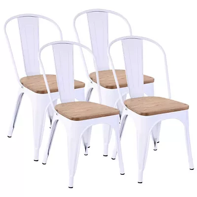 Set Of 4 Metal Dining Chairs White Side Chairs Kitchen Chairs W/Elm Wood Seat • $144.95