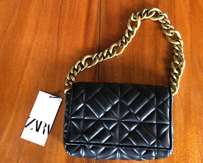 $39.40 • Buy Zara Bag Leather Shoulder Clutch Gold Chain Quilted Purse Black Neutral Handbag