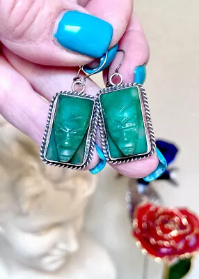 Vintage Mayan/Aztec Sterling Silver & Nephrite Jade Hand-Carved Mask Earrings • $58